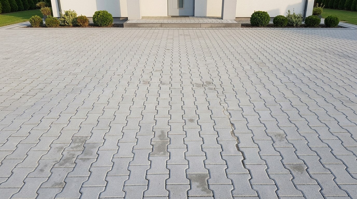 Ta sama kostka brukowa po myciu ciśnieniowym — czysta, jednolity kolor.