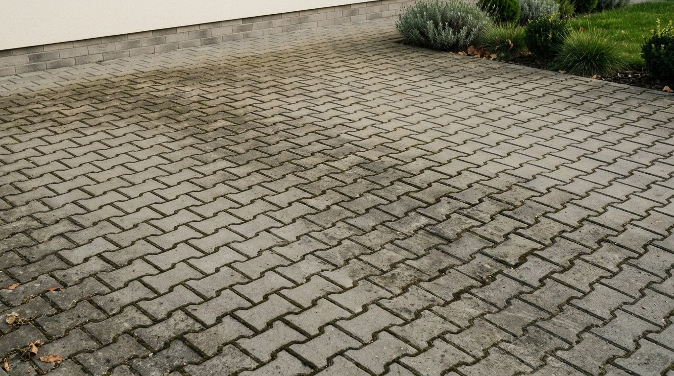Kostka brukowa przed myciem ciśnieniowym — widoczne zabrudzenia i mech.