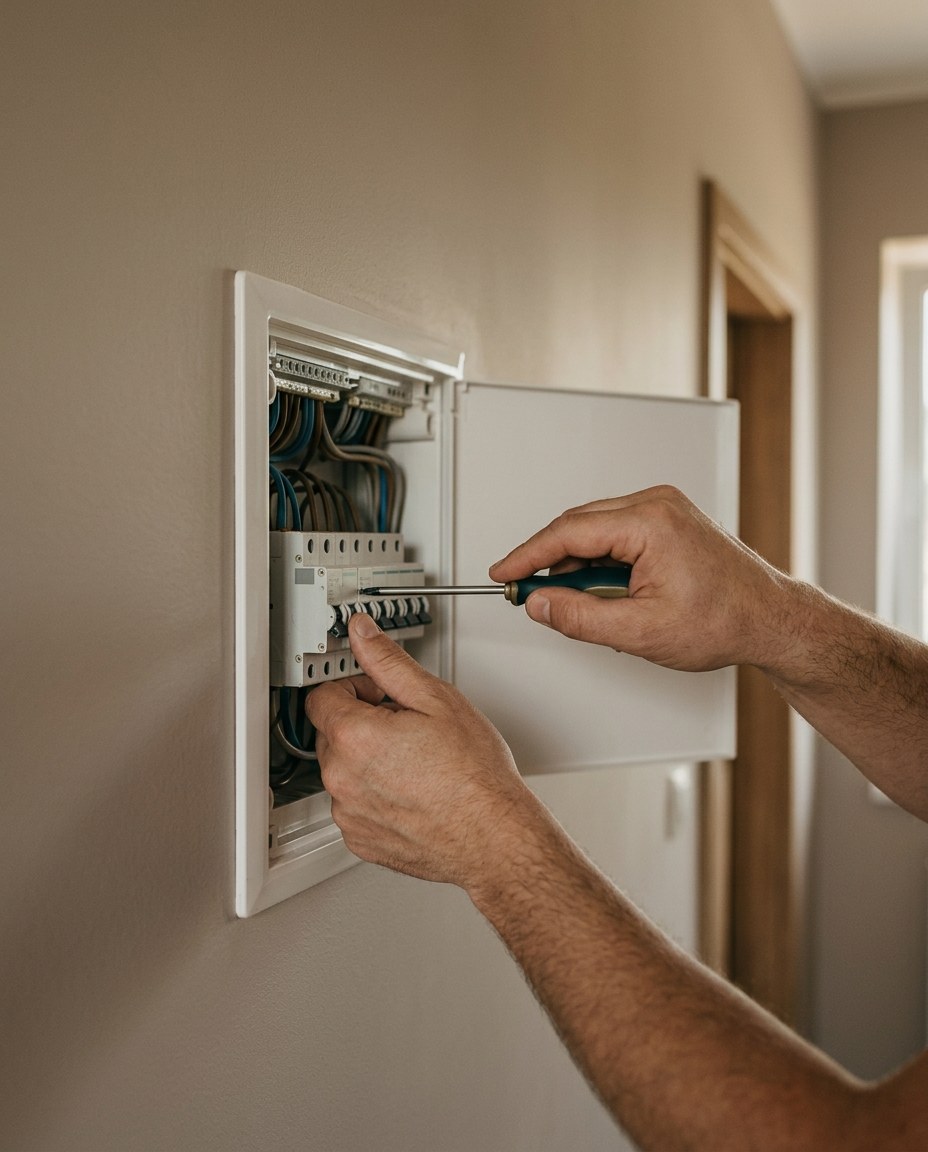 Elektryk pracujący przy instalacji elektrycznej w nowoczesnym mieszkaniu.