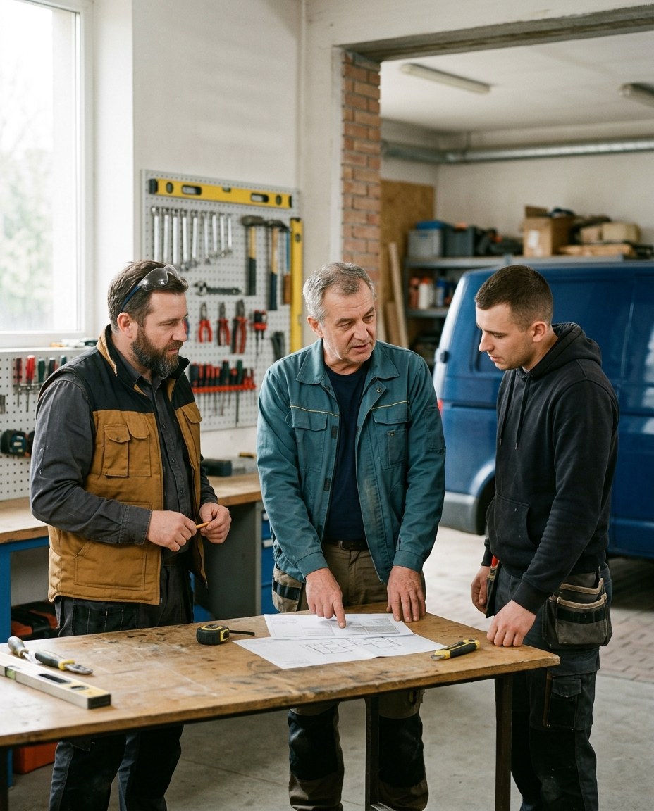 Specjaliści różnych branż omawiają organizację zlecenia przed rozpoczęciem realizacji.